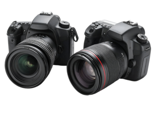 Two professional DSLR cameras with different lenses positioned side by side on a neutral background for photography enthusiasts.