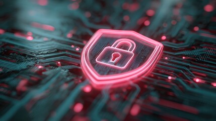 Digital Cyber Security Lock Icon Over Circuit Board Background with Glowing Effects and Vibrant Colors