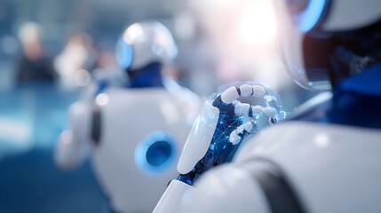 Close-up of robotic hand with digital network overlay, showcasing advanced robotics and artificial intelligence technology