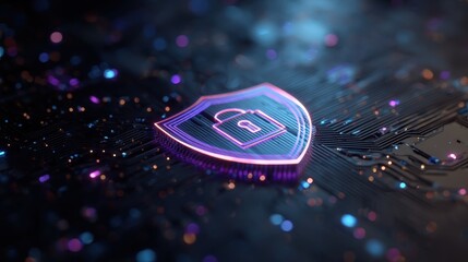 Digital Security Shield Illustration with Lock Symbol Over Circuit Board Background and Glowing Particles