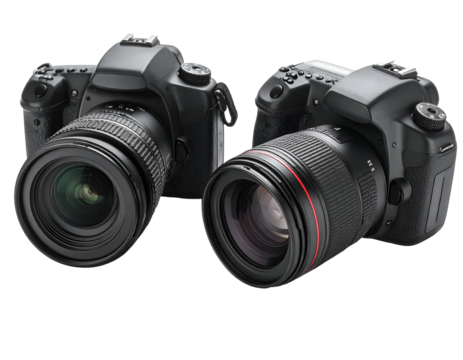 Two professional DSLR cameras with different lenses positioned side by side on a neutral background for photography enthusiasts. - Powered by Adobe