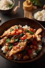 Stir fried fried fish with basil and chili served over rice, positioned at the bottom with golden reflections above, ample copy space at the top, clear focus for photo.