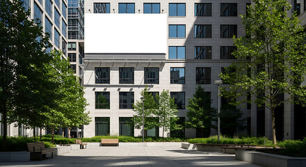 Exterior view of a modern building complex with trees and a courtyard on a sunny day.