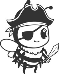 Cute pirate bee cartoon character. Vector logo black silhouette