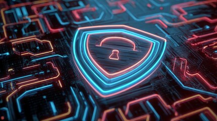 Futuristic Digital Background Featuring Cybersecurity Shield with Neon Lights and Circuit Pattern Design