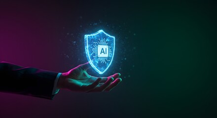 AI Security Shield Held by Hand, Artificial Intelligence Protection Concept