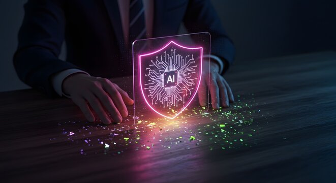 AI Security Shield with Circuit Board and Glowing Neon Lights - Powered by Adobe