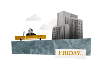 Creative image collage businessman driving vehicle friday weekend relax journey building city landscape drawing background