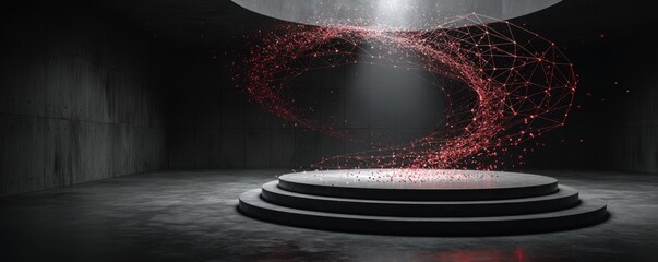 Futuristic Digital Installation With Abstract Red Wireframe in Industrial Space