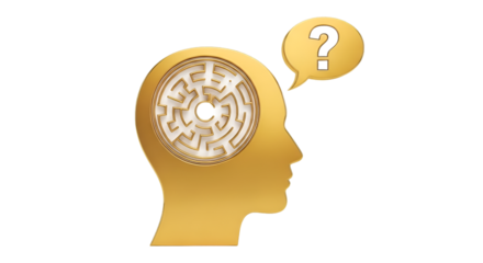 Golden Head Silhouette with Maze Brain and Question Mark
