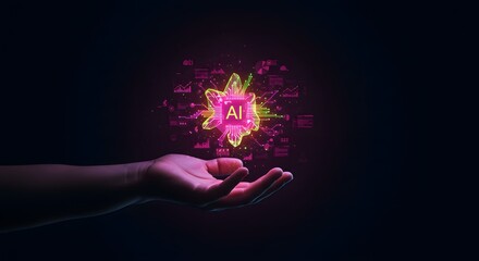 AI Technology Concept: Hand Holding Glowing Neural Network Chip with Data Visualizations