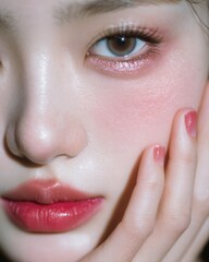 Fototapeta premium Stunning close-up of fashionable young woman's face with glossy pink lips and fresh dewy makeup showing natural beauty and healthy glowing skin
