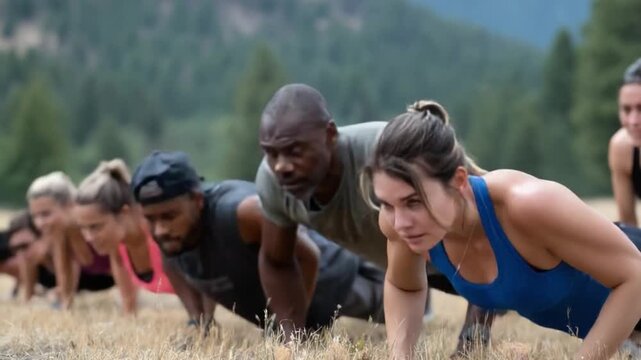 Fitness and Determination: A group of diverse individuals, pushing their limits with synchronized push-ups outdoors, embodying fitness and resolve.