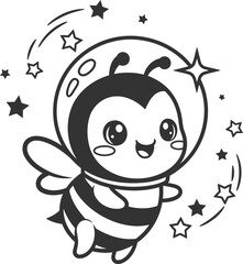 Cute bee astronaut in space. Cartoon vector logo silhouette black