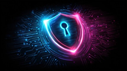 Shield with Keyhole Symbol Against Dark Background in Neon Blue and Pink Colors for Security Concept