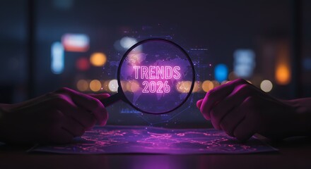 Analyzing Future Trends 2026: Magnifying Glass Over Digital World Map