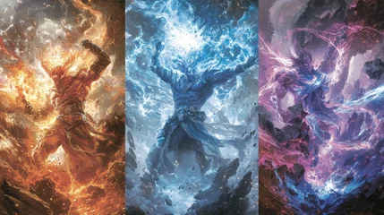 Handdoek met foto Meisjeskamer Warrior battles elemental forces of fire, water, and lightning in an epic fantasy scene  © Heorhi