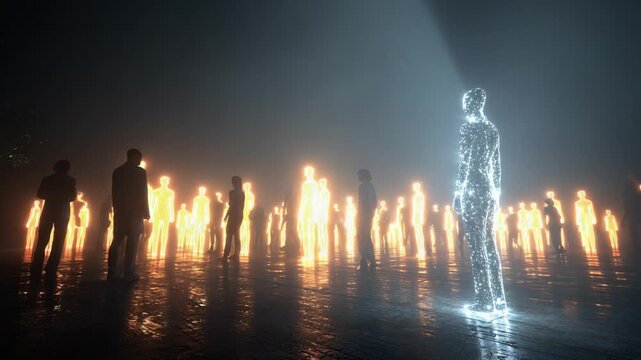 Ethereal glowing humanoids standing in a dark, foggy, otherworldly dimension with a prominent blue digital figure, representing concepts like spirituality, afterlife, consciousness, and metaphysics