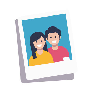 Vector art of a flat illustration of a smiling couple posing for a photo, captured in a polaroid frame against a vibrant blue backdrop, symbolizing togetherness and cherished memories