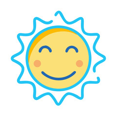 Vector art of a cheerful cartoon sun with a smiling face, rosy cheeks, and bright yellow rays, isolated on a, representing happiness and warmth