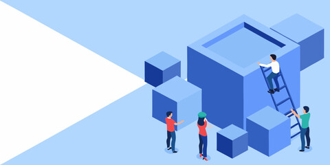 Teamwork and collaboration to achieve goals by building and climbing abstract geometric shapes