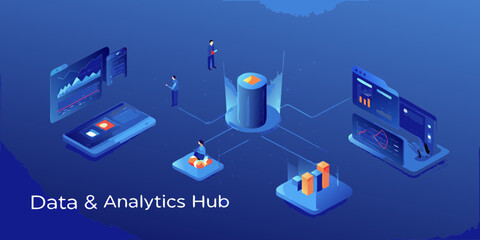 Abstract digital data analytics hub with interconnected devices and business professionals analyzing information