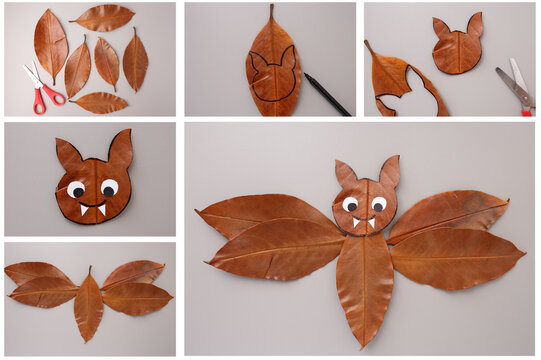 Step by step DIY tutorial of bat craft made from dried brown leaves with scissors and marker on light background. Flat lay composition. Halloween decoration and autumn craft concept for design