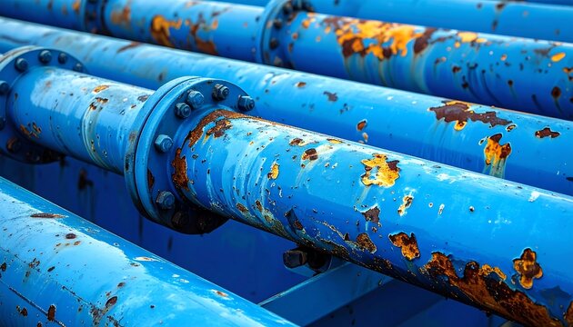 A close-up of several industrial-sized blue pipes shows rust, indicating age or wear. The flanged joints and bolts are visible