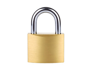 Fototapeta premium A shiny brass padlock with a silver shackle, symbolizing security and protection against unauthorized access.