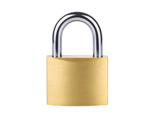 A shiny brass padlock with a silver shackle, symbolizing security and protection against unauthorized access.