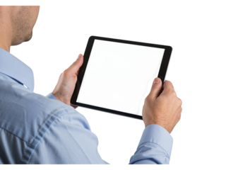 Close up of a man in a blue shirt holding and looking at a digital tablet with a blank screen isolated on transparent background