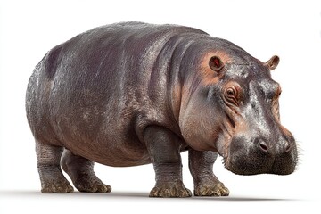 Adult Hippo Standing on White Background in Natural Pose