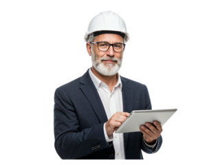Smiling experienced senior engineer wearing a white hard hat and glasses holding a tablet computer isolated on transparent background
