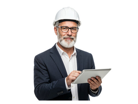 Smiling experienced senior engineer wearing a white hard hat and glasses holding a tablet computer isolated on transparent background