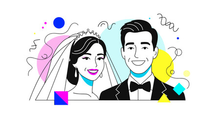 A joyous wedding celebration featuring a happy bride and groom surrounded by colorful festive elements and decorations.