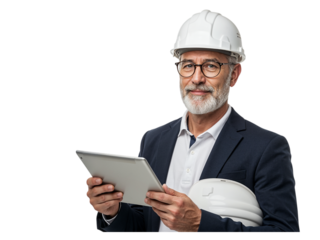 Experienced male engineer with white hard hat and tablet computer holding another hard hat isolated on transparent background