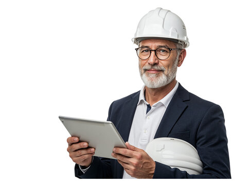 Experienced male engineer with white hard hat and tablet computer holding another hard hat isolated on transparent background