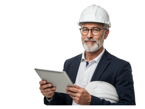 Experienced male engineer with white hard hat and tablet computer holding another hard hat isolated on transparent background