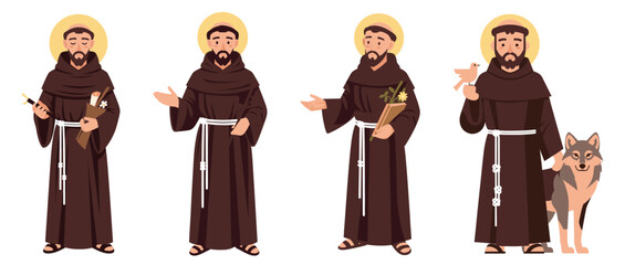 Saint Francis of Assisi with animals, Bible and flowers