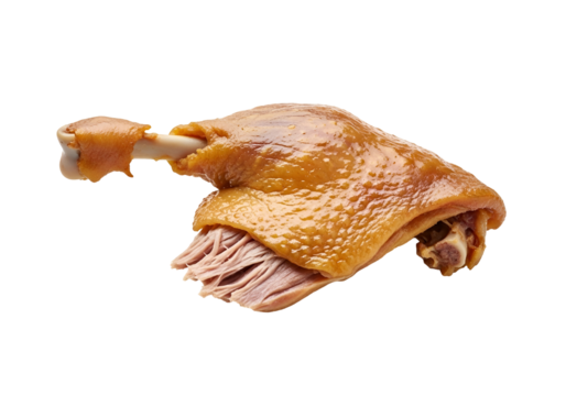 Close-up view of a glistening, golden-brown duck leg, showcasing the rich glaze and tender meat.