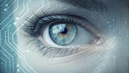 Close-Up Eye Through Frosted Glass with Circuit Design Elements