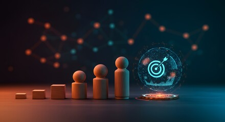 Business Growth and Goal Achievement Concept: Wooden figures and abstract digital elements