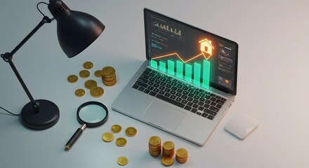 Business Growth and Investment Concept: Laptop with Financial Charts, Coins, Magnifying Glass, and Desk Lamp