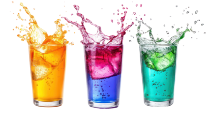 Three colorful cocktails splashing with ice cubes isolated on transparent background