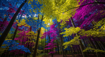 A vibrant and surreal forest scene showcases trees with an array of colorful foliage, creating a visually striking and imaginative natural environment with a unique aesthetic.