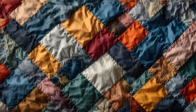 Closeup of colorful patchwork quilt background, stormy flash lighting, subject positioned at bottom with ample top copy space, clear and focused for photo.