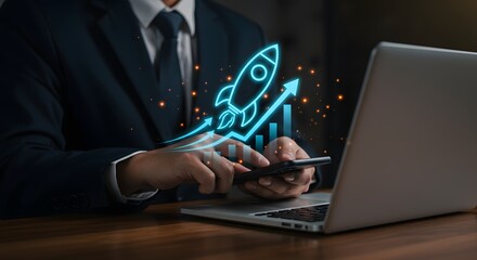 Business Growth Rocket Launch: Businessman Using Smartphone and Laptop with Digital Growth Chart
