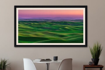 Fototapeta premium A captivating landscape panorama showcases rolling hills of vibrant green, bathed in the hues of a pastel sunrise or sunset.