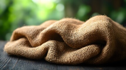 Fototapeta premium Textured burlap fabric on dark wood, offering raw organic appeal. Soft light accentuates the coarse weave. Blurred bokeh provides an abstract background trend for rustic designs and crafts.