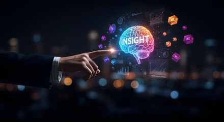 Business Insight: Hand Pointing at Glowing Brain with Data Visualization